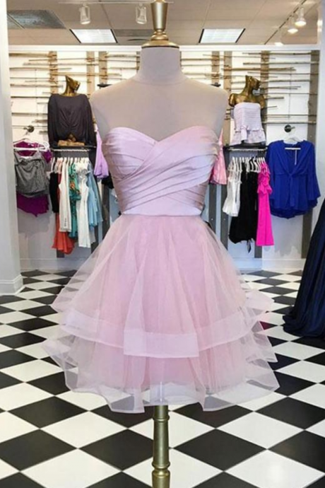 Homecoming Dresses,cute Sweetheart Neck Pink Prom Dresses Satin Mesh Patchwork Short Party Dresses