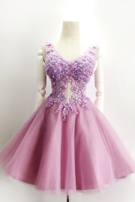 Homecoming Dresses,sweet Elegant Appliqued Pink Tulle Evening Dress