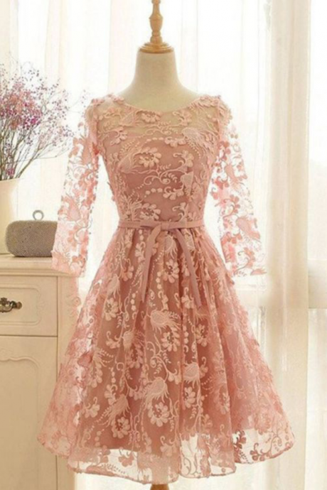 Homecoming Dresses,elegant Pink Lace Short Long Sleeve Homecoming Dresses