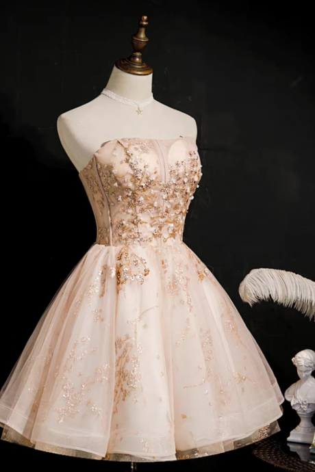 Homecoming Dresses,champagne Strapless Dresses Birthday Sequins Little Dresses