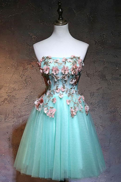 Homecoming Dresses,green Tulle Lace Applique Short Prom Dress