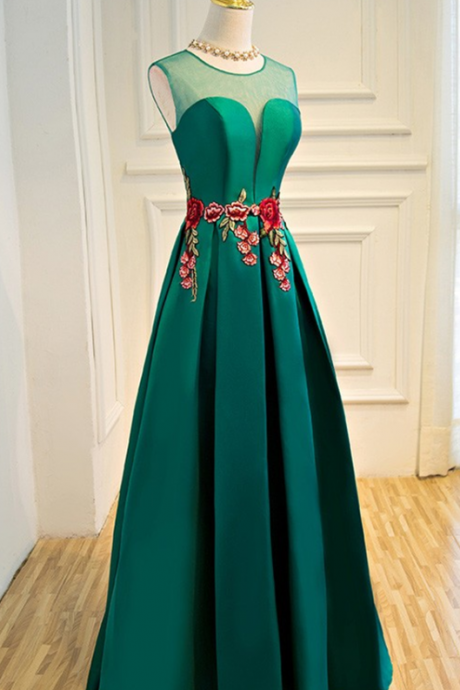 Prom Dresses,evening Dress Sheer Plunging Neck Emerald Green Long Formal Occasion Dress With Appliques