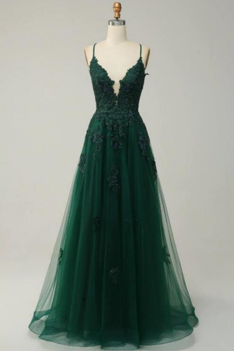 Prom Dresses,a-line Spaghetti Straps Dark Green Cross Back Long Party Dresses