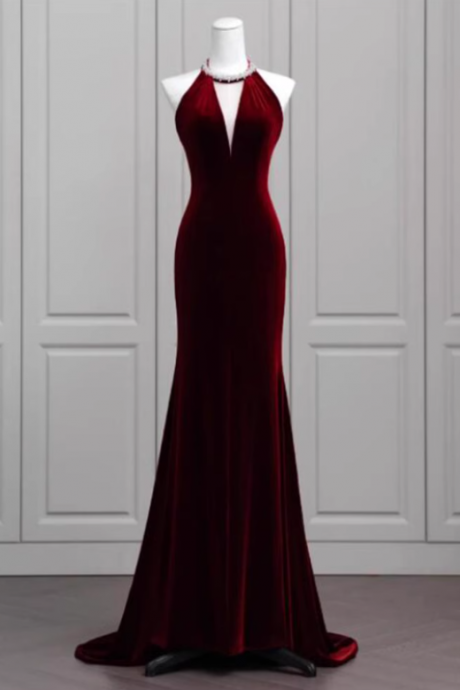 Prom Dresses,high-class Sense Of Wine Red Fishtail Neckline Backless Temperament Gowns