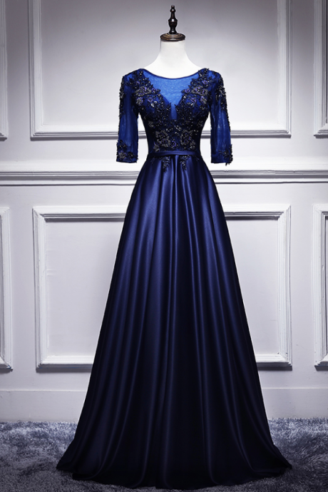 Prom Dresses,high-end Evening Dresses Dark Blue Satin Long Temperament Upscale Banquet Dinner Dresses