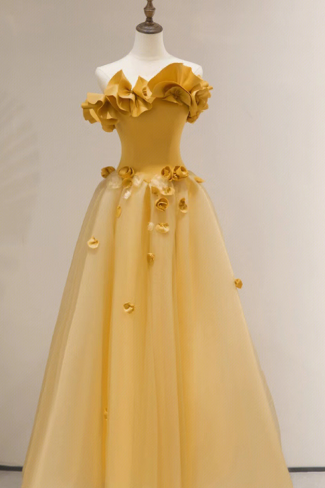 Prom Dresses,three-dimensional Flower Strapless Sleeveless Yellow Puffy Dresses Banquet Annual Evening Gowns