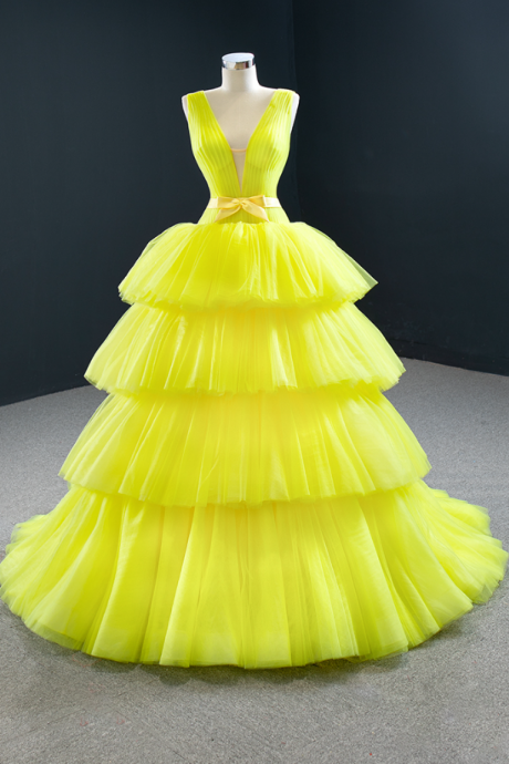 Prom Dresses, V-neck Sleeveless Yellow Sundress Mesh Long Gowns Evening Stage Dresses