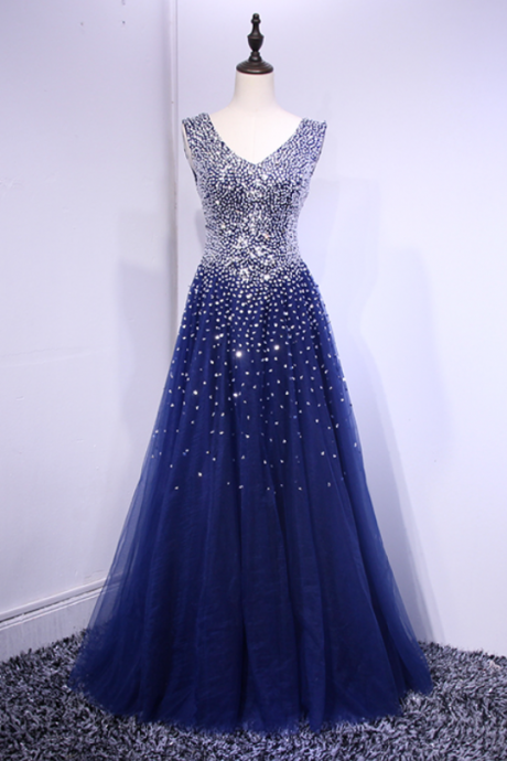 Prom Dresses, Evening Gowns Navy Blue Long Double Shoulder Slim Party Dresses