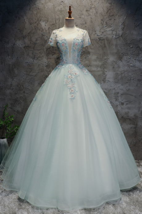 Prom Dresses, Light Blue Applique Evening Gowns Flower Fairy Tutu Sweetheart Princess Gowns