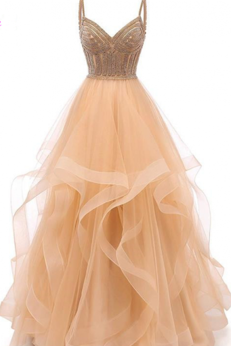 Prom Dresses, Champagne Princess Tulle Prom Dress Elegant Sparkly Formal Evening Gown
