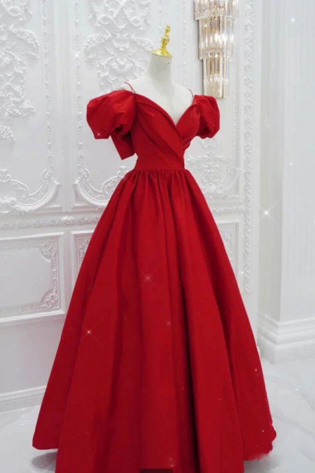 Prom Dresses,princess Red Prom Dress Long With Short Puffy Sleeve Formal Evening Gown Women Elegant