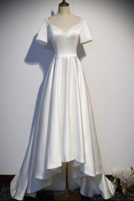 Prom Dresses,high Low White Satin Prom Dresses Simple Long Formal Evening Gowns Pearl Beaded Wedding Dresses