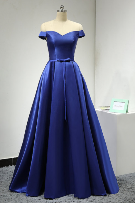 Prom Dresses,royal Blue Long Satin A-line Evening Dress Featuring Off The Shoulder Bodice And Lace-up Back And Bow Accent Belt