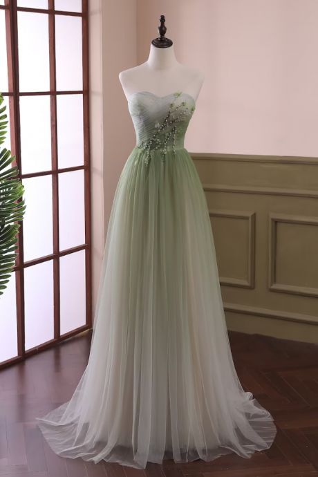Prom Dresses,charming Green Gradient Tulle Full Length Sweetheart Beaded Long Formal Dress