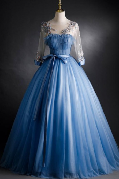Prom Dresses, Blue Tulle Long Sleeve Formal Gowns, Floral Lace Appliques, Blue Sweetheart Birthday Gowns