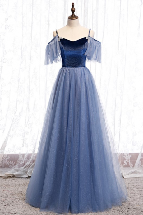 Prom Dresses,strapless Halter A-line Blue Tulle Evening Party Dresses
