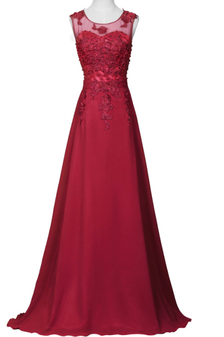 Prom Dresses,burgundy Floor Length Chiffon A-line Evening Dress Featuring Beaded Embellished Lace Appliquu00e9s Sweetheart Illusion Bodice