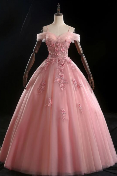 Prom Dresses,pink Tulle A-line Lace Applique Banquet Gowns Party Dresses