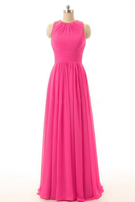 Prom Dresses,charming Long Jewel Neckline Pink Backless Chiffon Bridesmaid Dresses And Floor Elegant Chiffon Prom Dresses