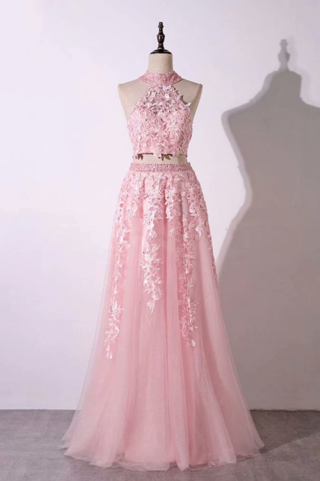 Prom Dresses,two Piece Evening Dress Pageant Dresses V-neck Halter Neck Lace Applique Evening Formal Gowns