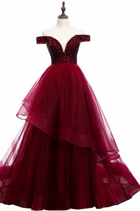 Prom Dresses,charming Burgundy Prom Dresses Long Women&amp;#039;s Sexy A-line Tulle Lace Applique Floor Length Evening Party Gowns