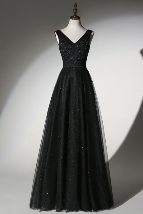 Prom Dresses,black V Neck Bar Tulle Party Dresses Glitter Prom Dresses