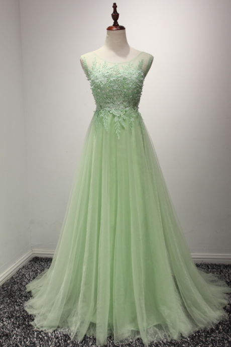 Prom Dresses,elegant Mint Green Tulle Gowns Lace Applique Party Dresses