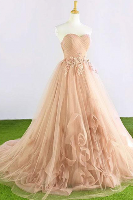 Prom Dresses, A-line Fit Champagne Long Tulle Evening Gowns
