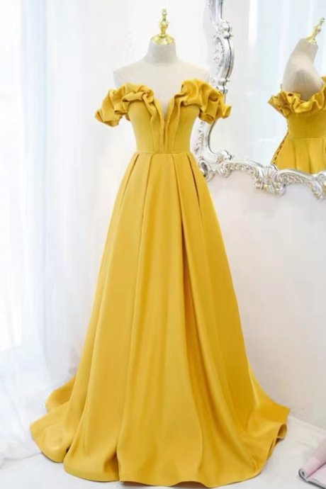 Prom Dresses, Yellow Long Strapless Fashionable Temperament Satin Party Dresses