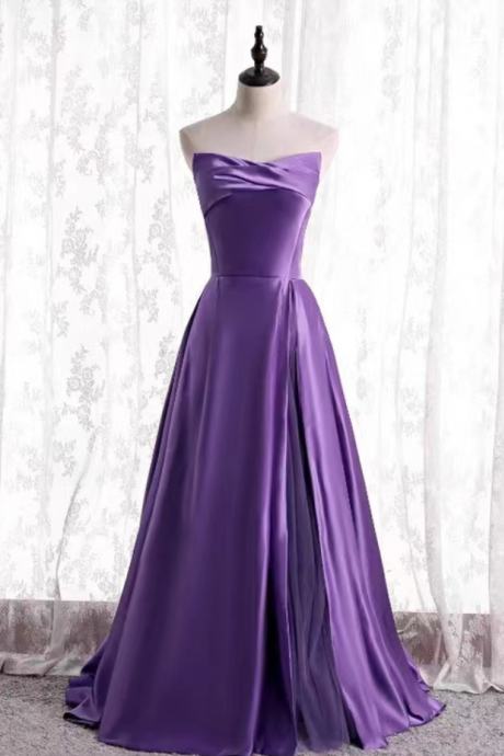 Prom Dresses,high End Satin Purple Evening Strapless Backless Party Dresses
