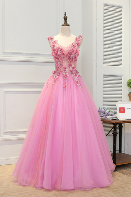 Prom Dresses,v Neck Tulle Party Dresses Sweetheart Pink Applique Evening Gowns