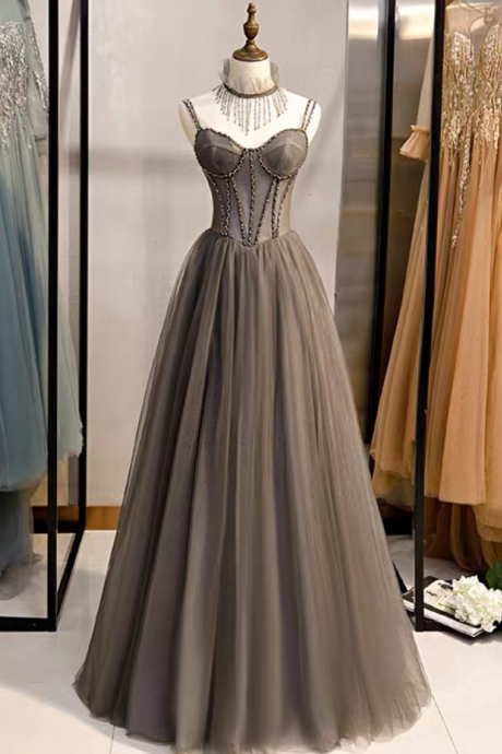 Prom Dresses,spaghetti Straps Tulle Evening Gowns Gray Beaded Party Dresses