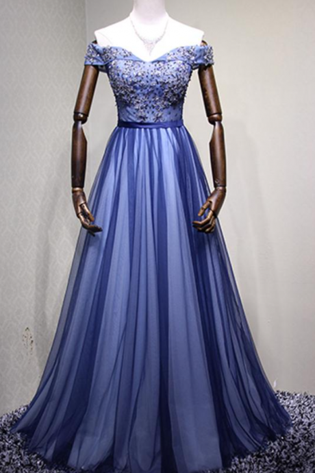 Prom Dresses,off Shoulder Blue Tulle Beaded A-line Long Evening Prom Dresses