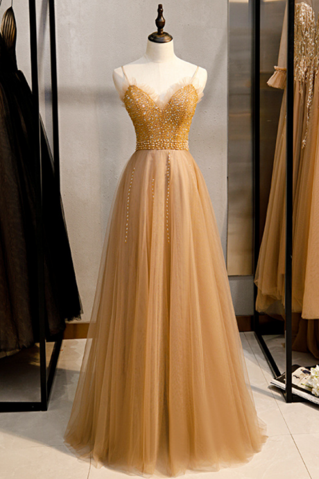 Prom Dresses,backless Tulle Birthday Party Dresses Gold Sexy Beaded Long Gowns