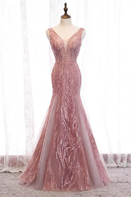 Prom Dresses,pink V Neck Long Mermaid Party Dresses Sexy Noble Evening Gowns