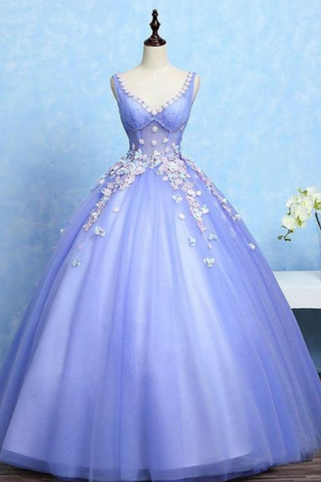 Prom Dresses, Vintage V-neck Blue Applique Princess Gowns Party Dresses