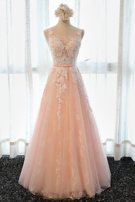 Prom Dresses,simple Pink Lace Long Senior Prom Dress, Long Tulle Bridesmaid Dress