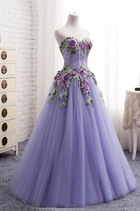 Prom Dresses,Sweetheart Lavender Tulle Long 3d Flower Evening Dress, Senior Prom Dress
