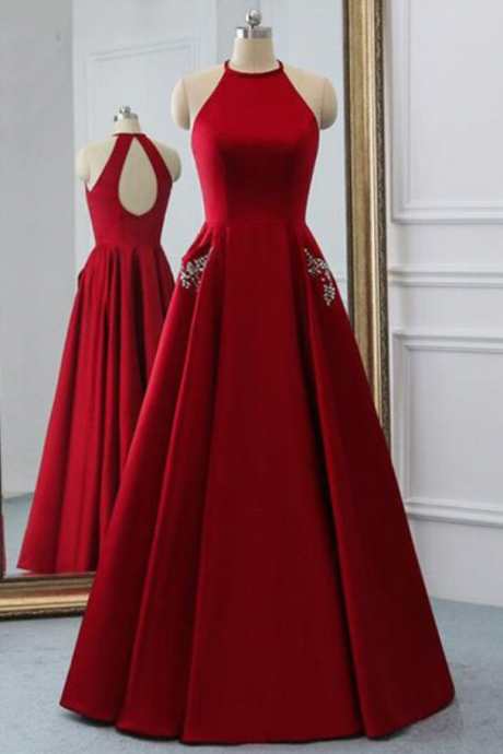 Prom Dresses,Burgundy Satin Long Open Back A Line Evening Dress, Senior Prom Dress