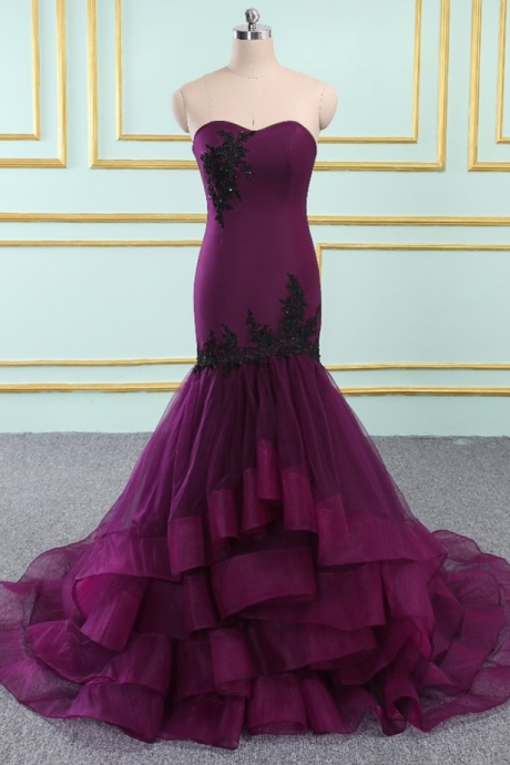 Prom Dresses，Sweetheart Neck Purple Organza Long Mermaid Layered Evening Dress 