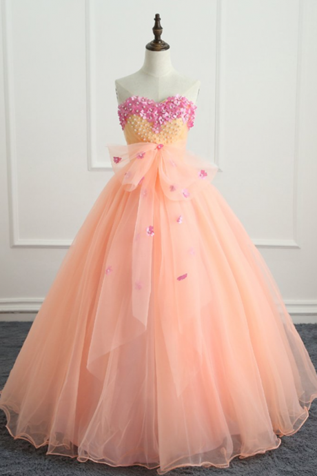 Prom Dresses,Cute Peach Pink Sweetheart Long Prom Dress For Teens, Party Dress With Applique