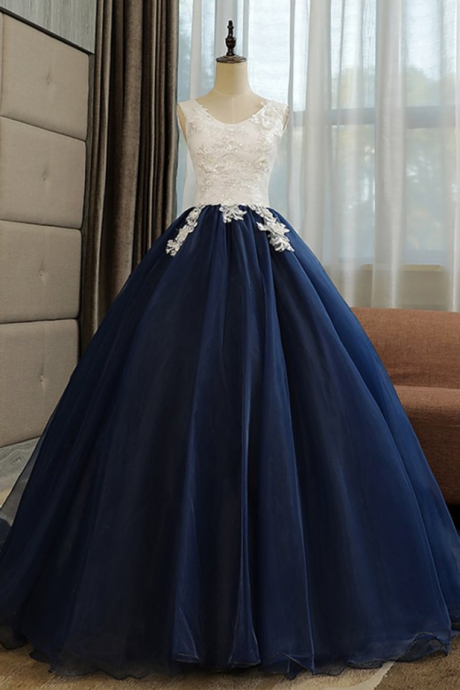 Prom Dresses,vintage Navy Blue Tulle Long Sequined Quinceanera Dress, Formal Prom Dress