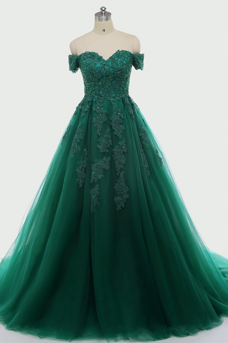 Prom Dresses, Deep Green Lace Applique Strapless Sexy Tulle Party Dresses