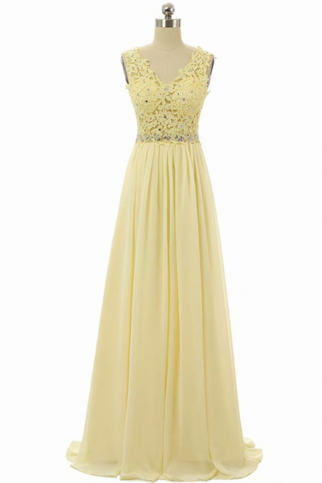 Prom Dresses, A-line V-neck Floor-length Empire Yellow Chiffon Bridesmaid Dress With Lace Bodice