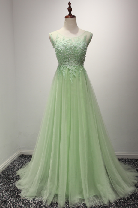  Prom Dresses, Elegant A-line Fit Green Tulle Long Gowns Exquisite Lace Applique