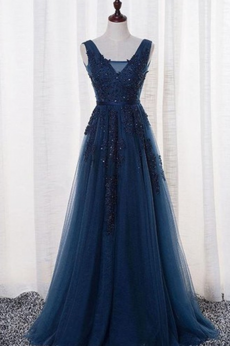 Prom Dresses,Elegant Tulle Prom Dress Lace Prom Dress Navy Blue Long Prom Dress With Open Back Formal Dresses Woman Evening Dress