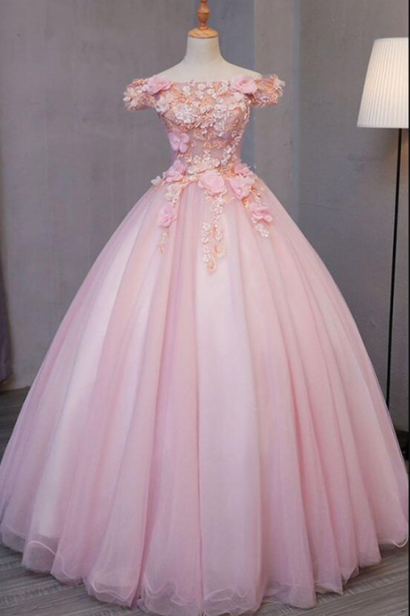 Prom Dresses,Off Shoulder Pink Tulle Puffy Long Formal Prom Dress
