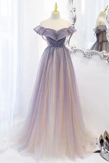 Prom Dresses,Heavy Nail Bead Gradient Color Off Shoulder Tulle Dress Purple Long Prom Dress 