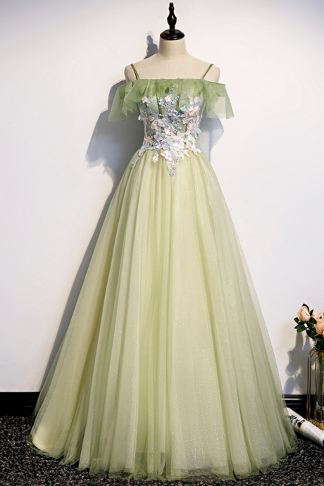 Prom Dresses,Green Tulle Lace Long A Line Prom Dress Evening Dress