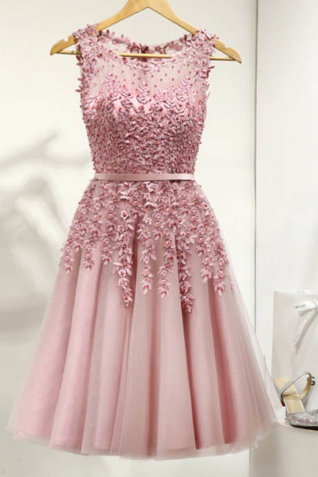 Homecoming Dresses, Cute Pink Lace Applique Short Saree Dresses